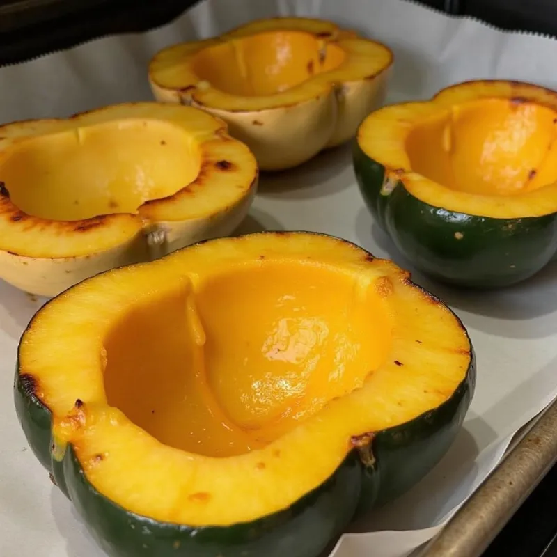 Halved acorn squash roasting in the oven.