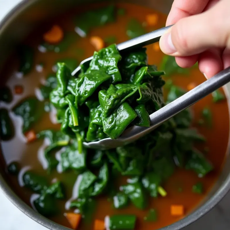 Adding chopped collard greens to a pot of simmering broth.