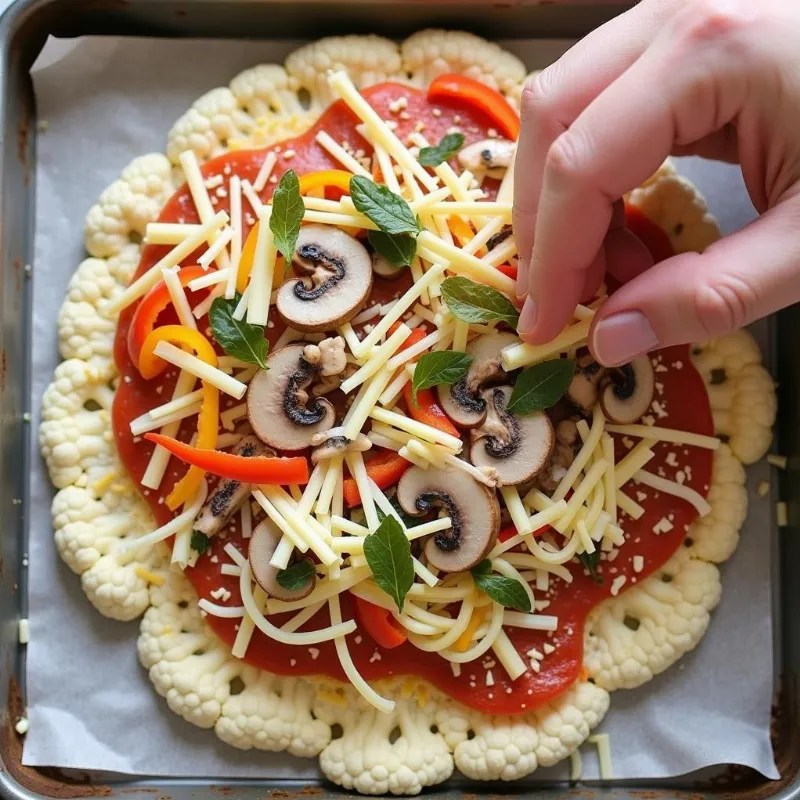 Arranging vegan toppings on a pre-baked cauliflower crust