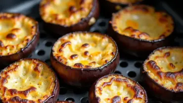 Crispy golden brown eggplant bites in an air fryer basket