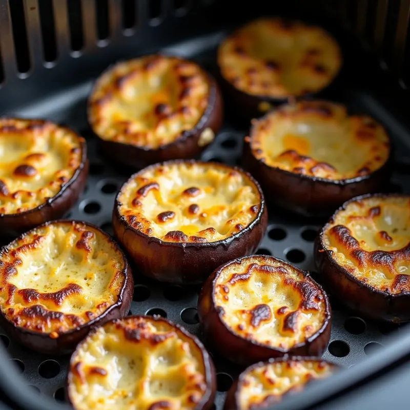 Crispy golden brown eggplant bites in an air fryer basket