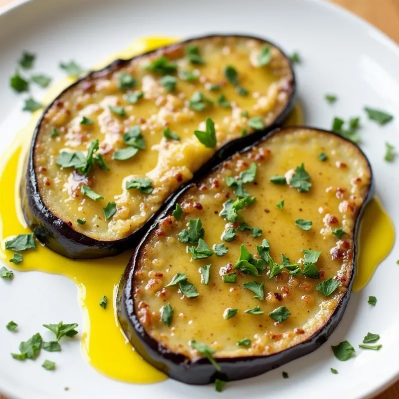 Beautifully plated eggplant steaks drizzled with a vibrant lemon-herb dressing