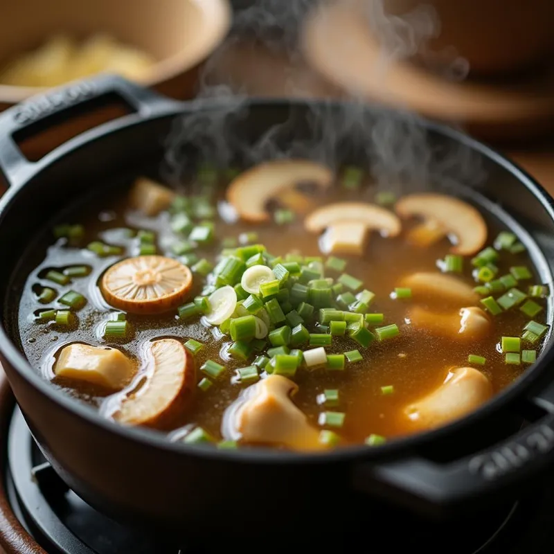 Aromatic mushroom broth simmering in a pot