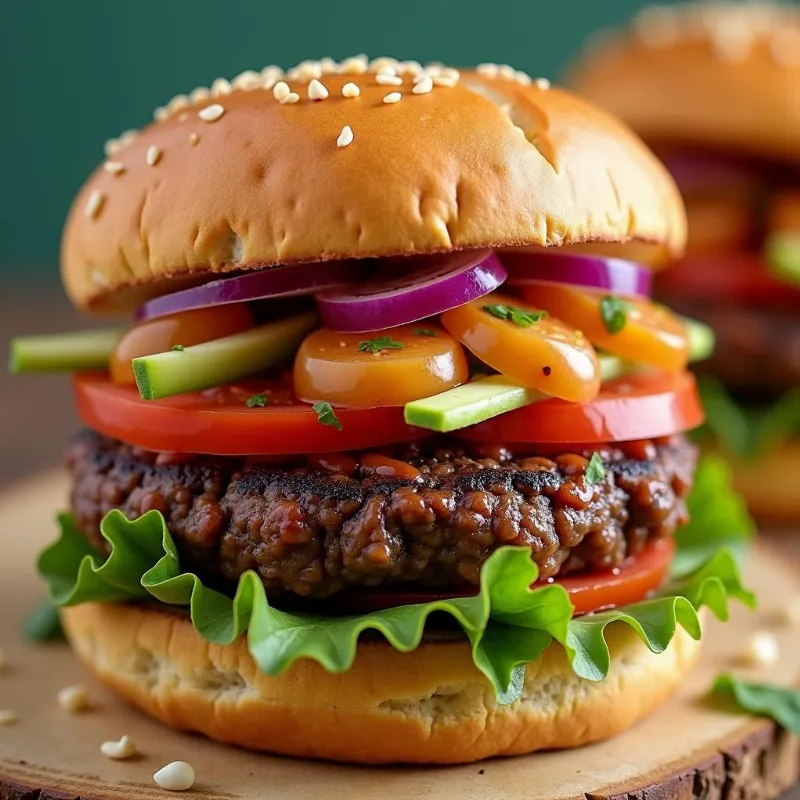 A perfectly assembled spicy black bean burger ready to be devoured