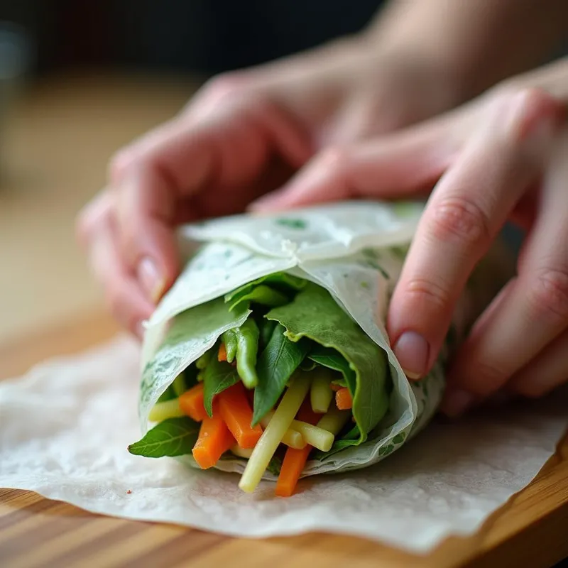 Hands rolling a vegan spring roll with fresh vegetables and herbs.