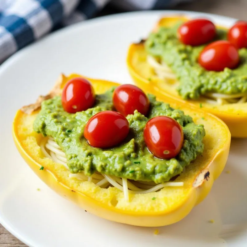 Creamy vegan spaghetti squash boats filled with avocado pesto