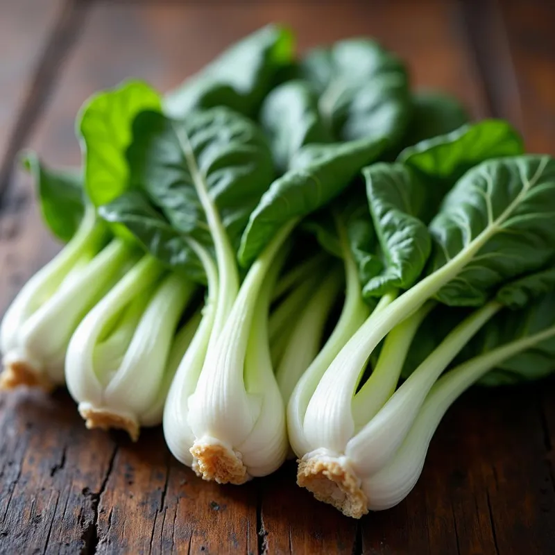 Fresh baby bok choy on a wooden table