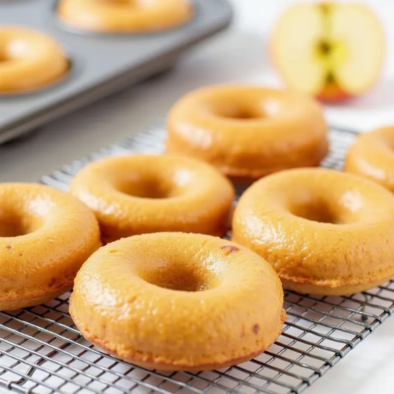 Freshly baked vegan apple cider donuts cooling on a rack