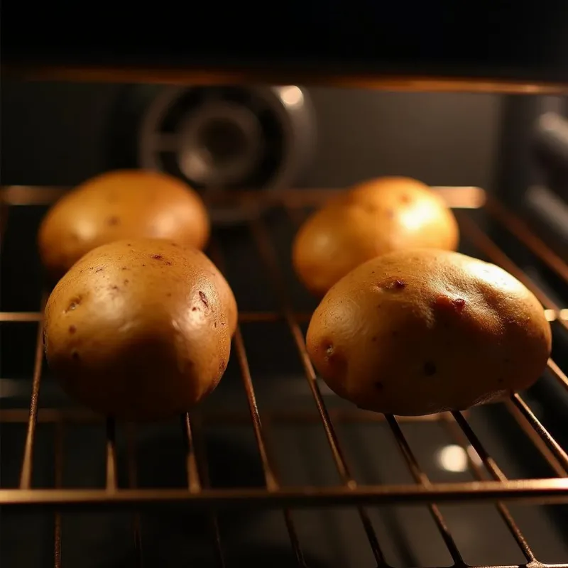 Four russet potatoes baking on a wire rack in the oven