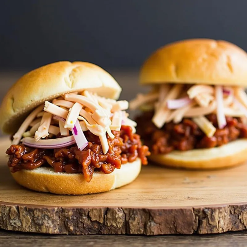 Two BBQ Jackfruit Sandwiches on a wooden board