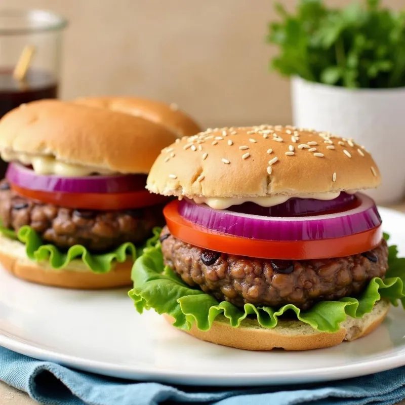 Black bean burgers on a bun with fresh toppings.