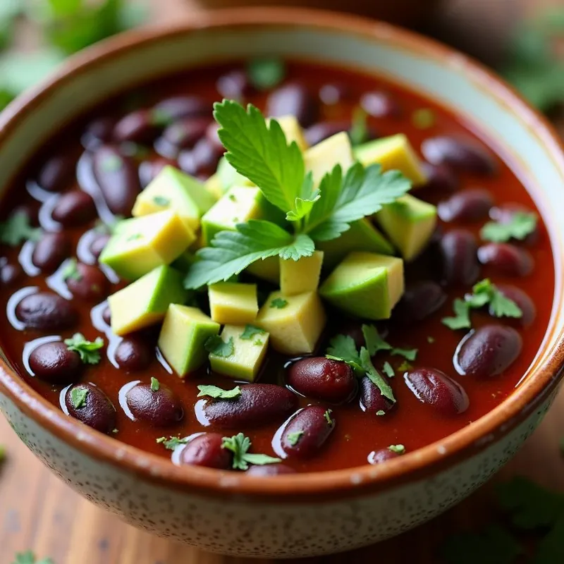  Bowl of black bean soup with avocado and cilantro