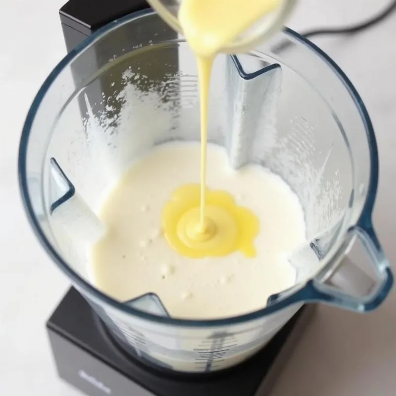 Aquafaba and lemon juice being blended in a high-speed blender