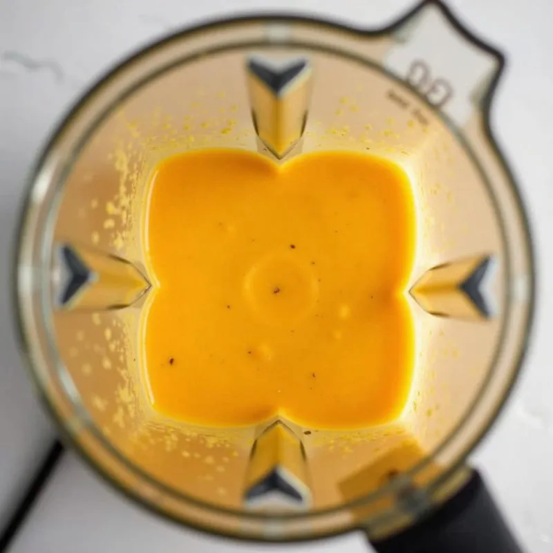 Blending vegan butternut squash soup in a high-speed blender.