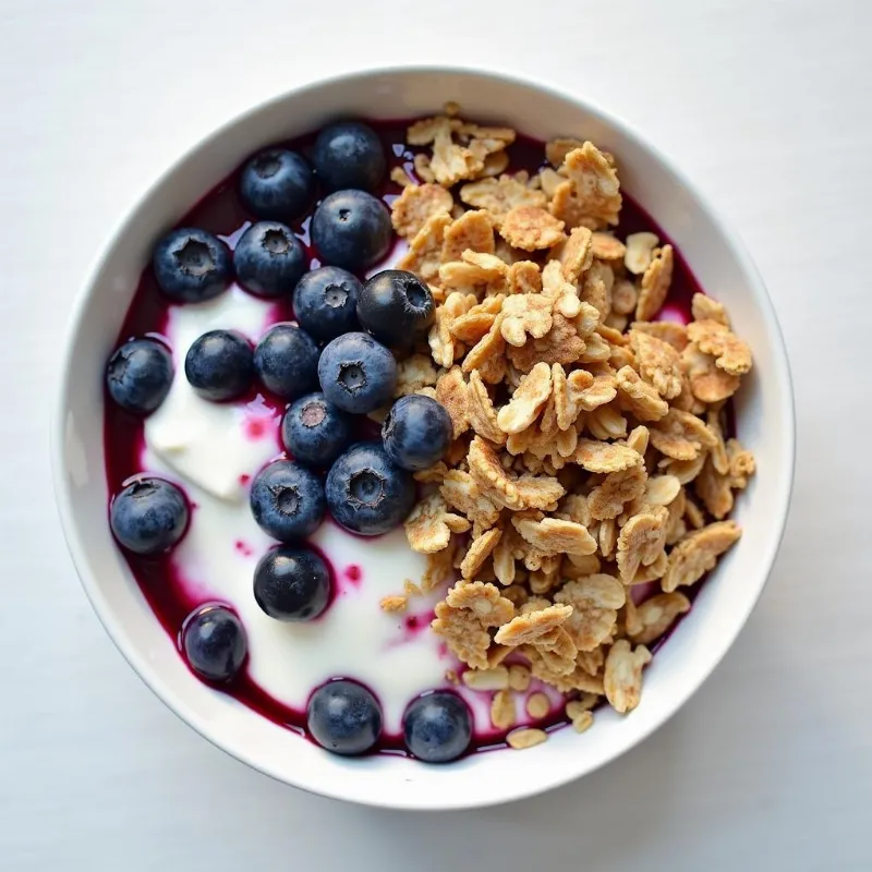 A Boston Blueberry Power Bowl topped with fresh blueberries and a drizzle of maple syrup