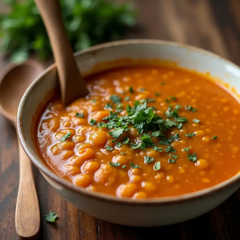 A bowl of hearty lentil soup garnished with fresh herbs.