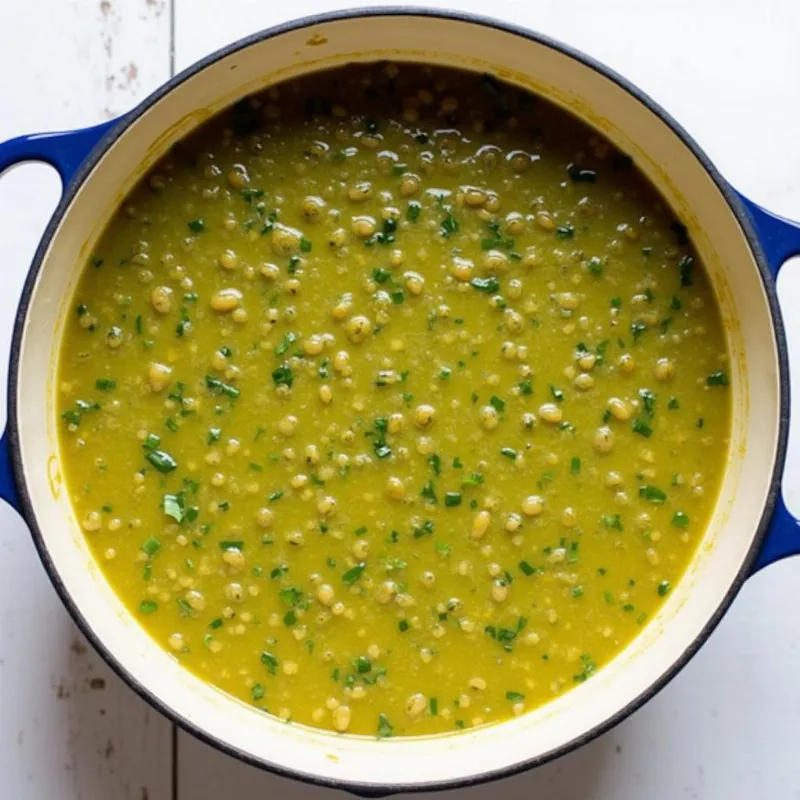 A bowl of steaming vegan green lentil soup garnished with fresh herbs served with a side of crusty bread.