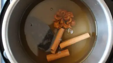 Boiling water with tea bags and spices for vegan Thai iced tea