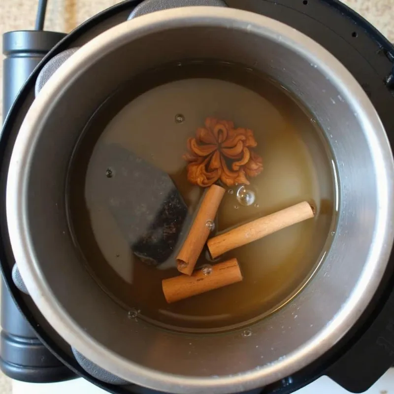 Boiling water with tea bags and spices for vegan Thai iced tea