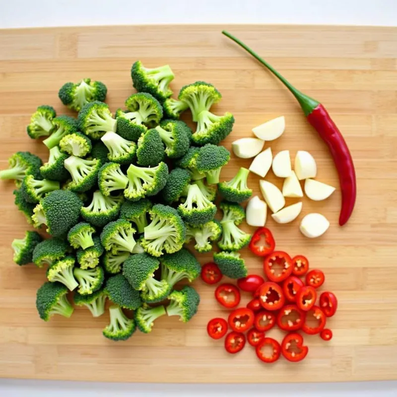 Chopped broccoli, garlic, and chilies on a cutting board