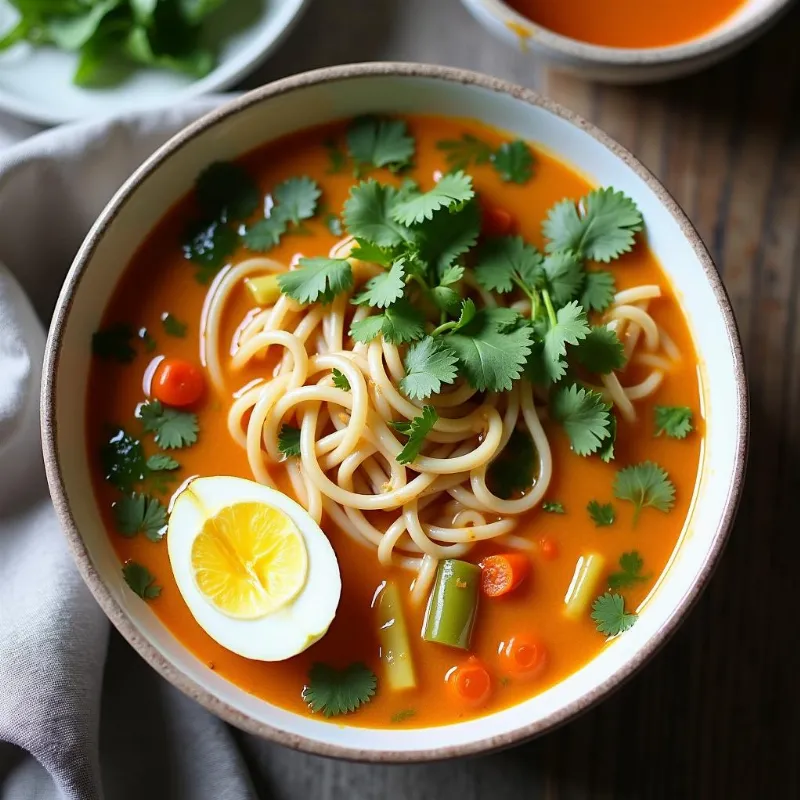 Calming coconut curry noodle soup in a bowl.