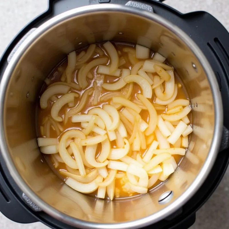 Pot of perfectly caramelized onions for vegan French onion soup