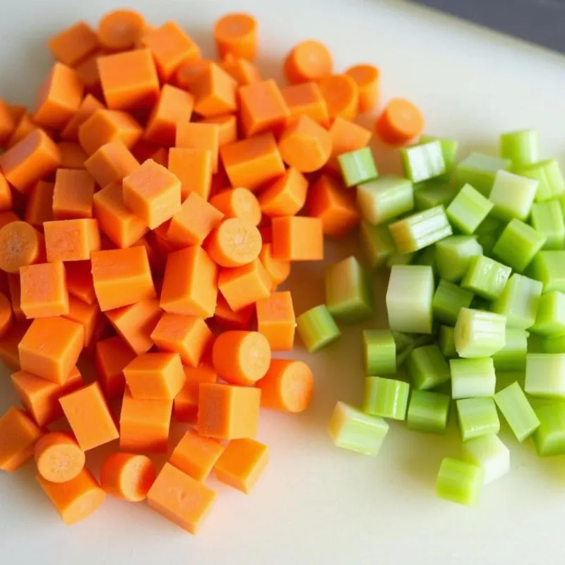 Diced carrots and celery on a cutting board