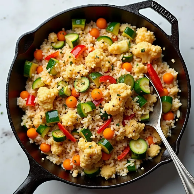 A pan of colorful cauliflower rice stir-fry