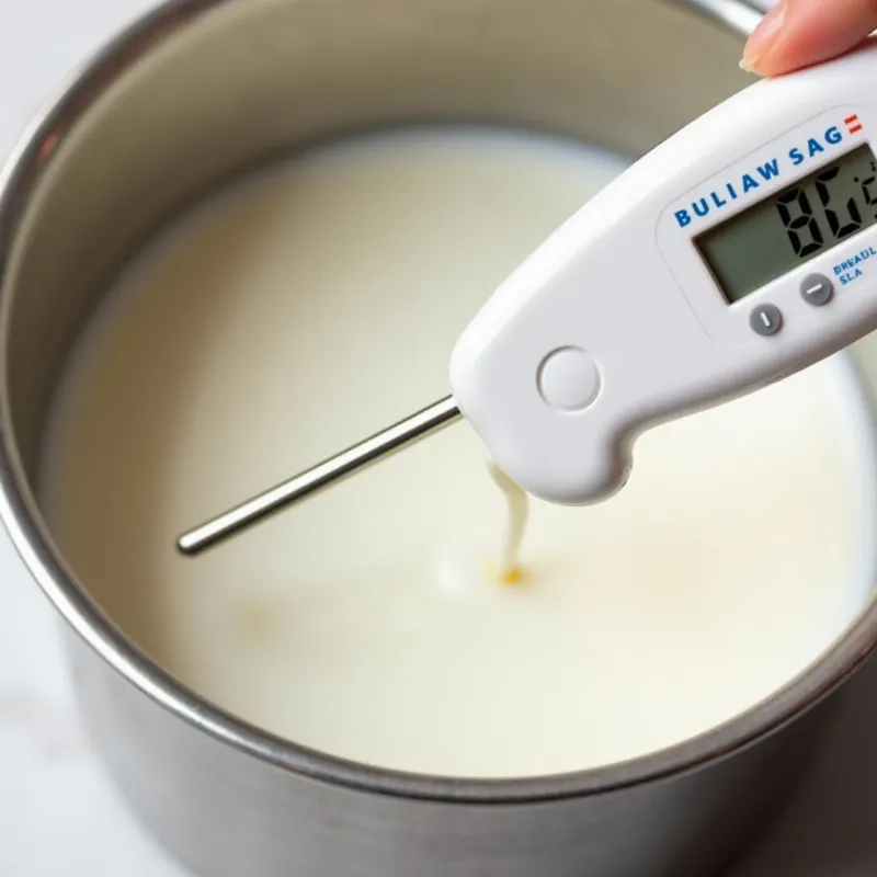 A hand holding a thermometer in a pot of plant-based milk