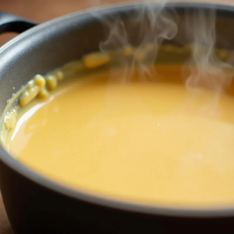 Close-up of creamy vegan cheese sauce in a saucepan