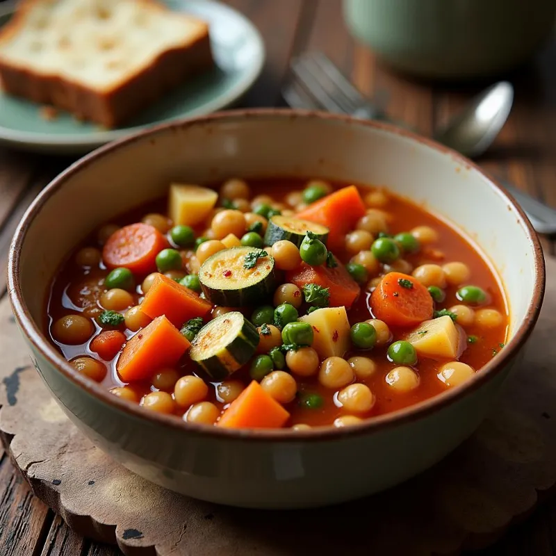 Steaming bowl of hearty chickpea and vegetable stew