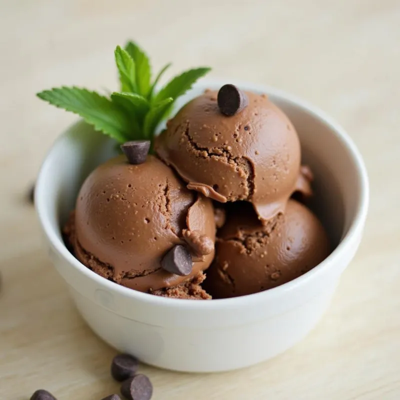 Rich and decadent chocolate avocado ice cream in a bowl.