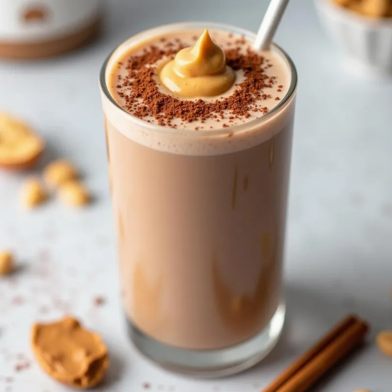 A tall glass of chocolate peanut butter Orgain shake.