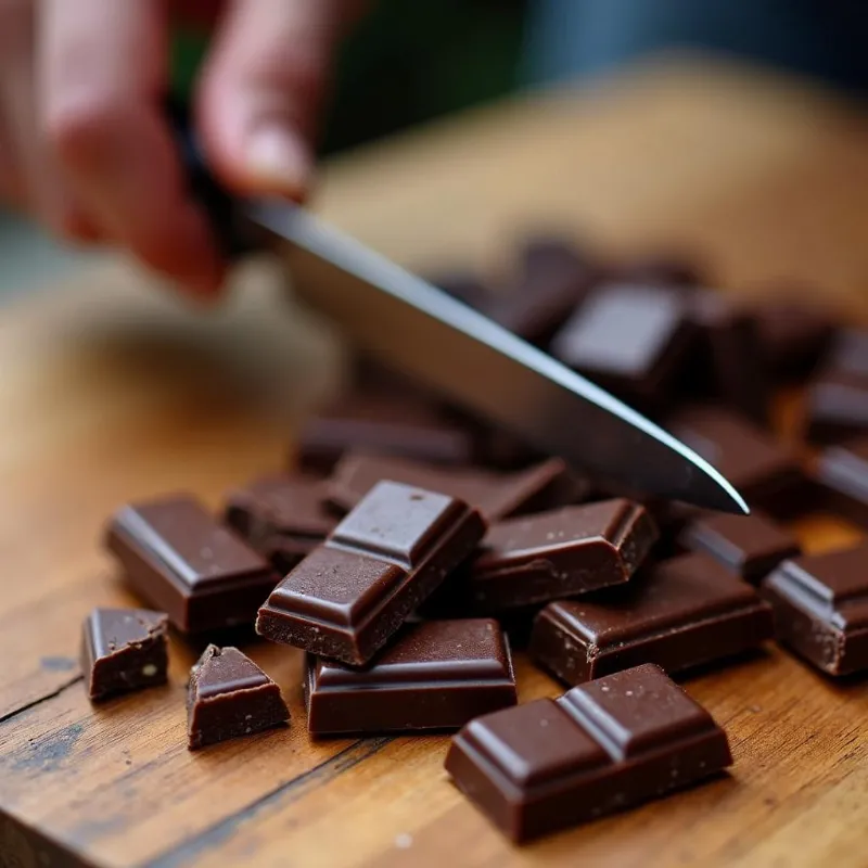 Hand chopping a vegan dark chocolate bar on a wooden cutting board