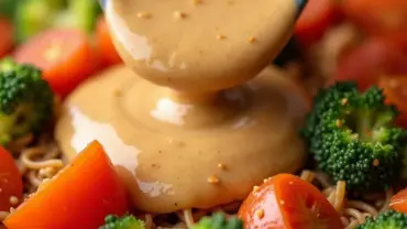 Vegan peanut sauce drizzled over stir fried vegetables