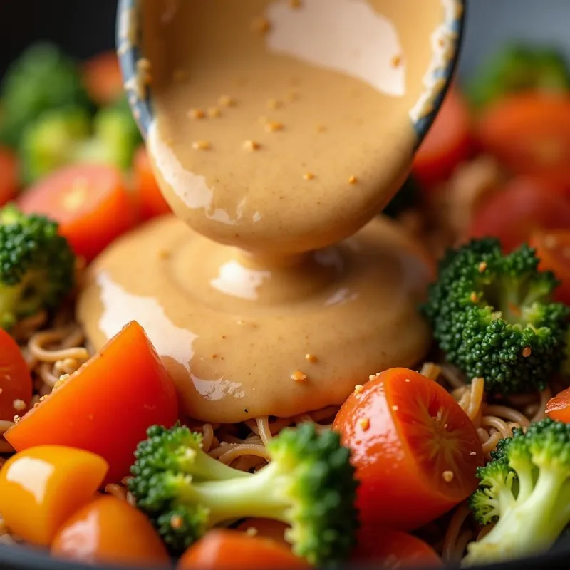 Vegan peanut sauce drizzled over stir fried vegetables