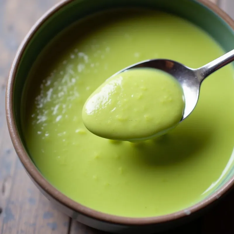  Close up of creamy vegan pea soup on a spoon