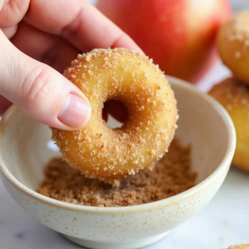 Coating warm vegan donuts in a bowl of cinnamon sugar