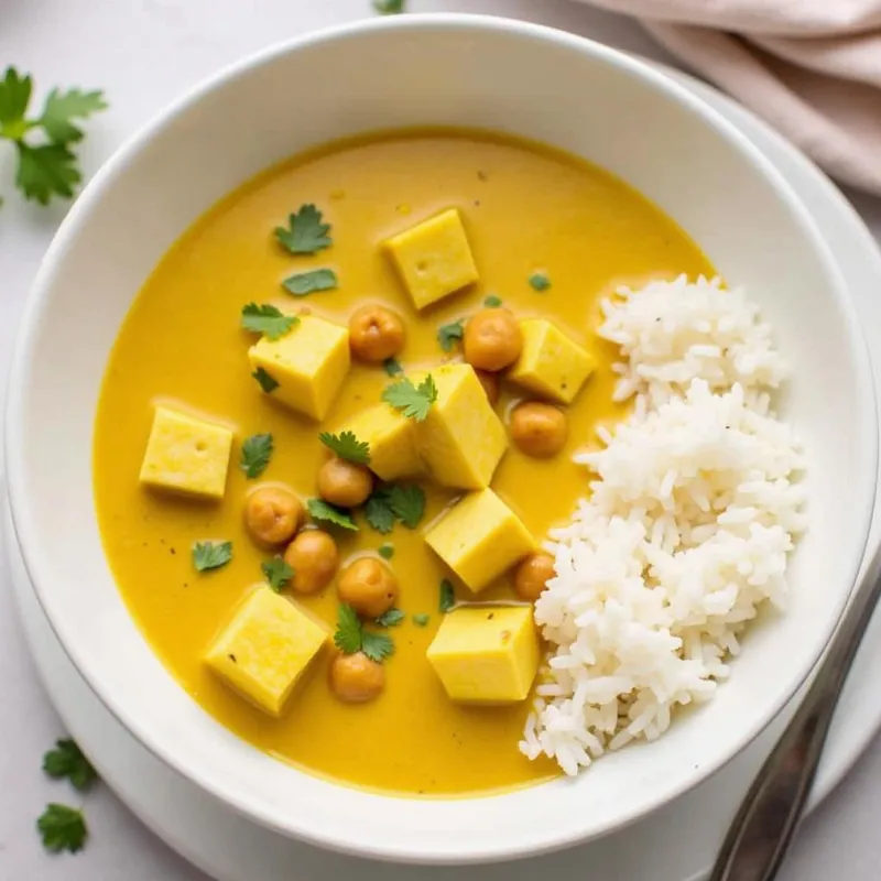 Coconut curry soup with chickpeas and tofu in a bowl with rice