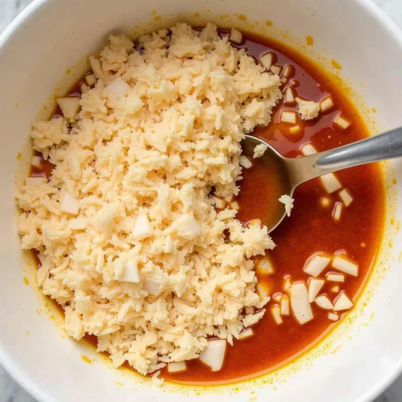 Unsweetened coconut flakes being mixed with a flavorful marinade in a bowl, a key step in preparing vegan coconut bacon.