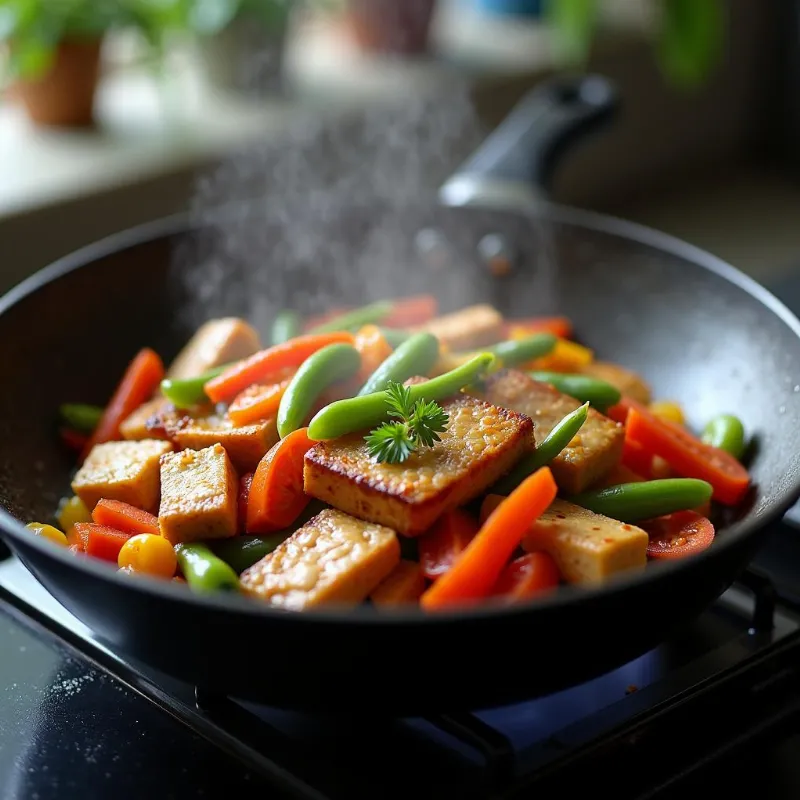 A pan of colorful tofu stir-fry with mixed vegetables