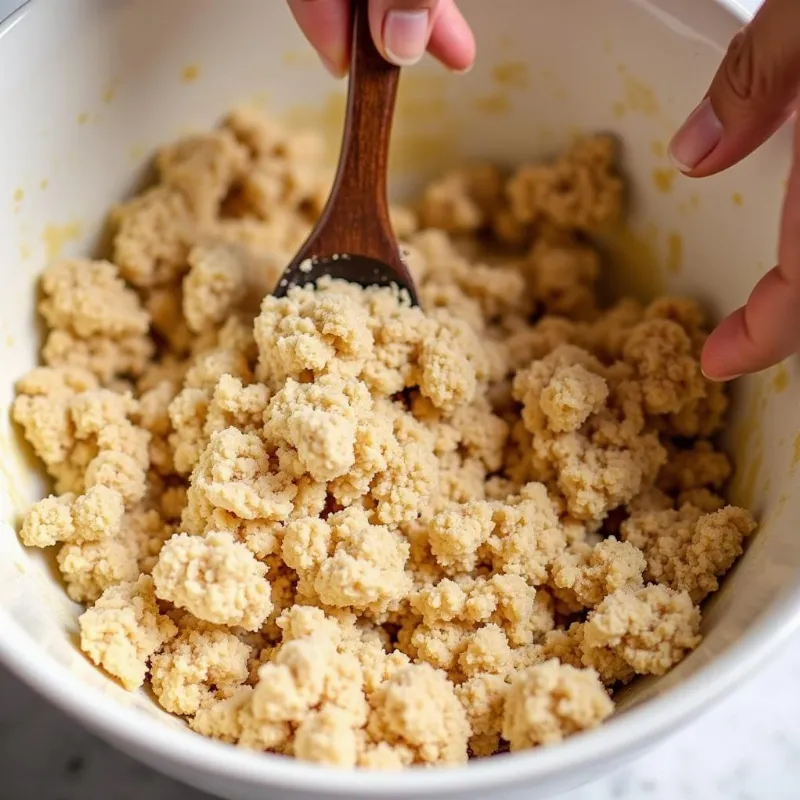 Hands combining crumble topping ingredients in a mixing bowl.