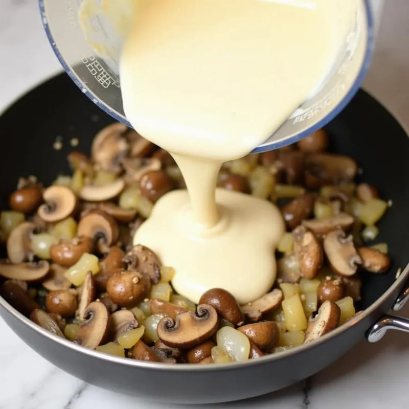 Pouring creamy vegan cheese sauce into a pan with sautéed mushrooms and onions