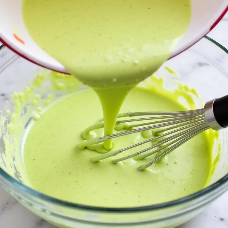 Pouring wet ingredients into dry ingredients for the matcha cake batter