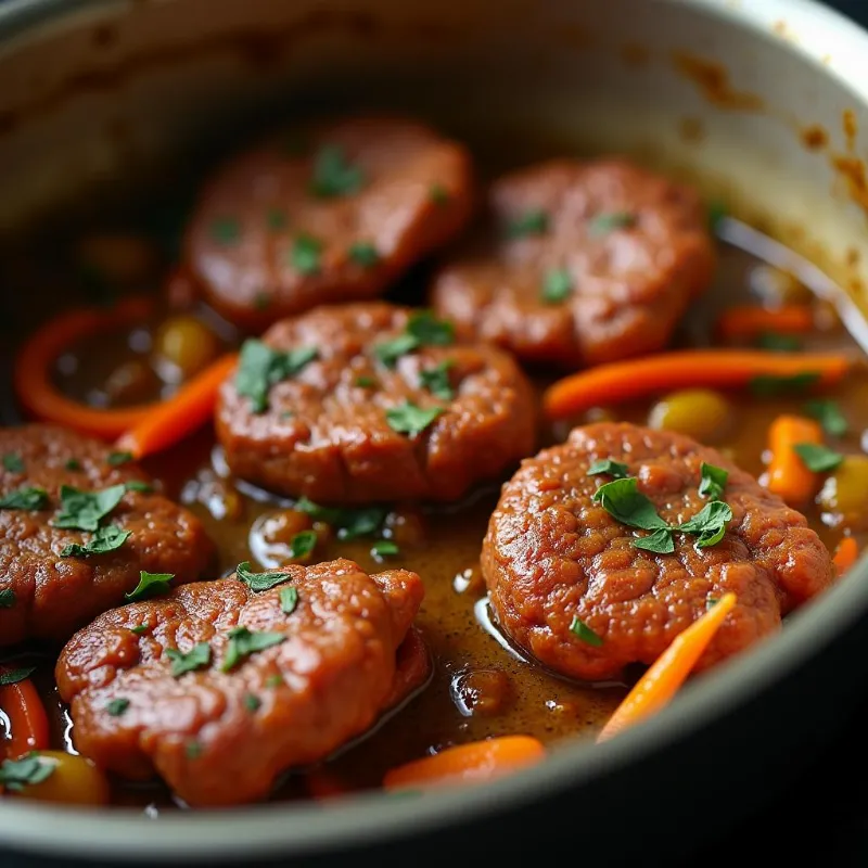 Impossible meat browning in the pot with spices and vegetables