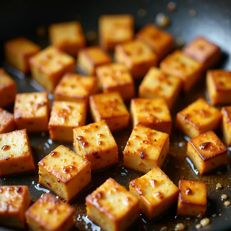 Golden brown tofu cubes being stir-fried in a wok