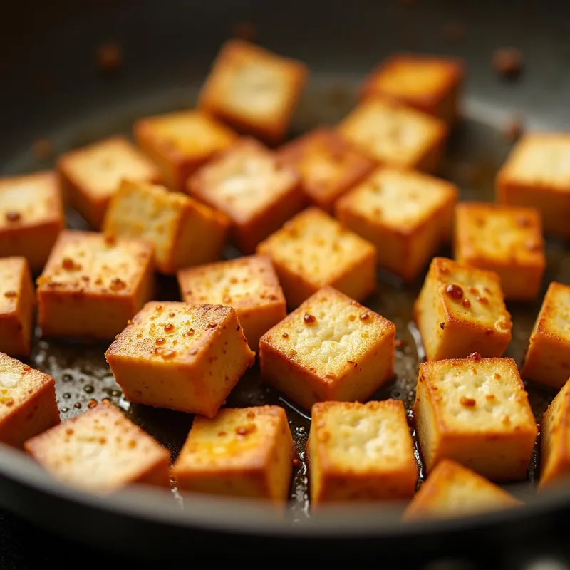 Cubed tofu being pan-fried in a skillet until golden brown for a vegan stir fry recipe.