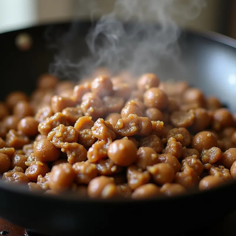 Sizzling plant-based beef cooking in a wok.