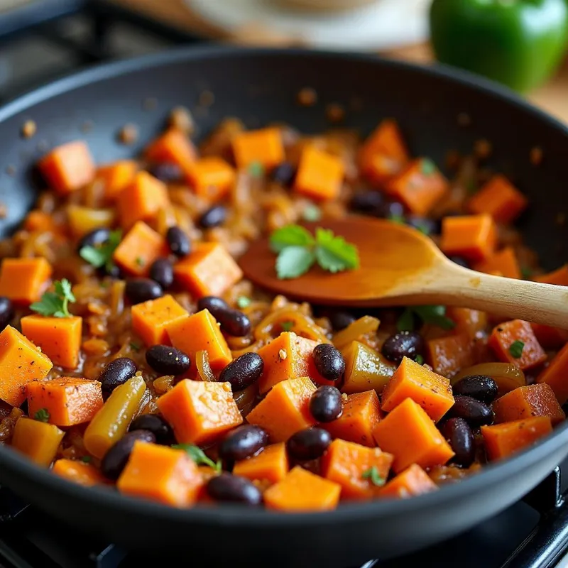 Vegan breakfast burrito filling cooking in a skillet