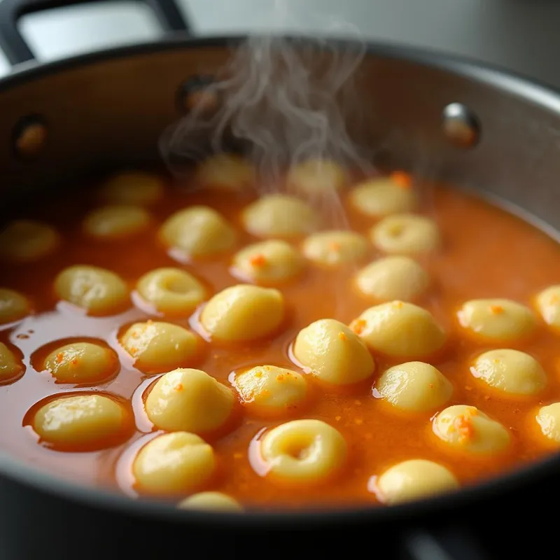 Close-up of vegan gnocchi soup simmering in a pot